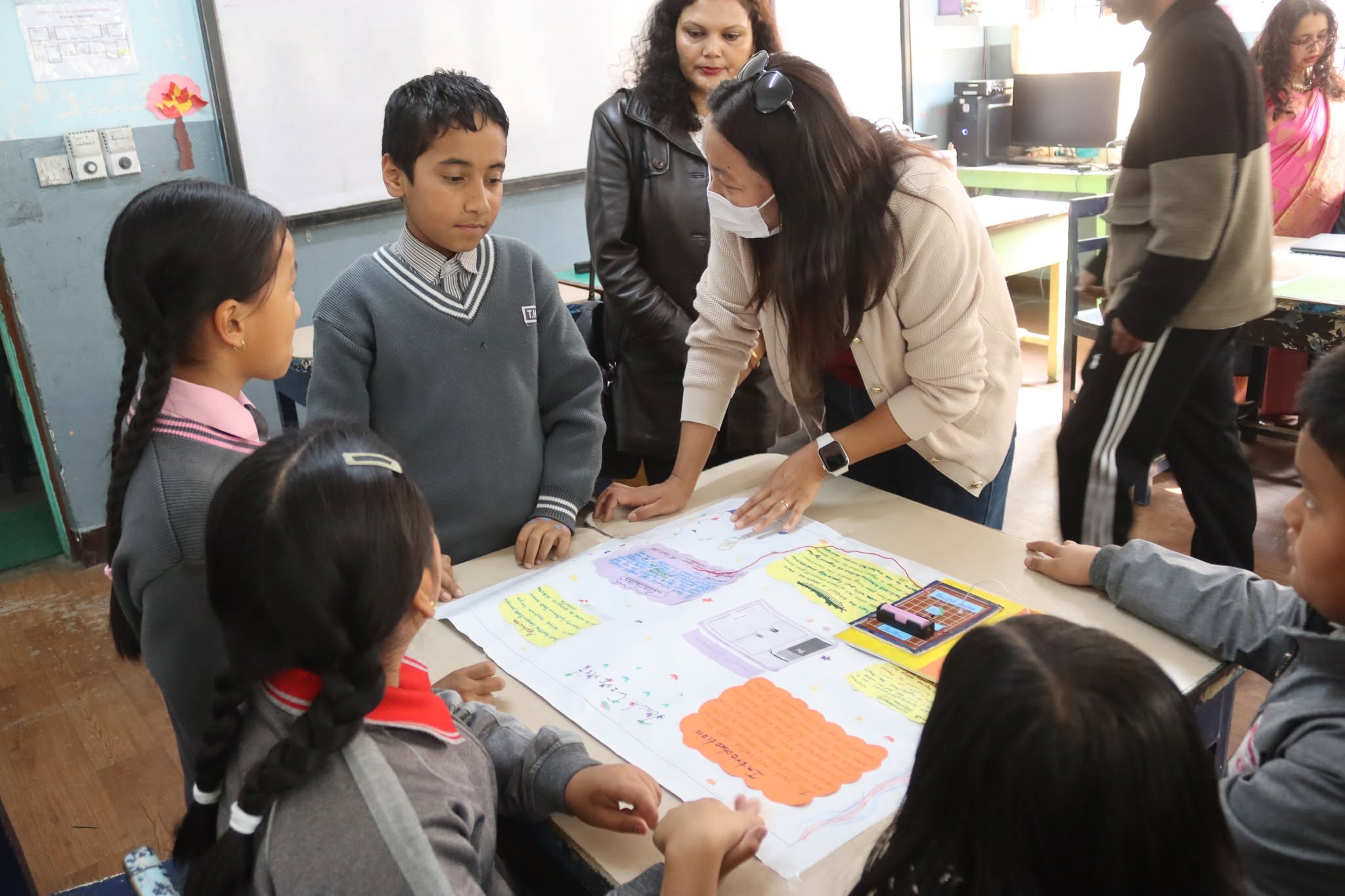Teacher guiding students